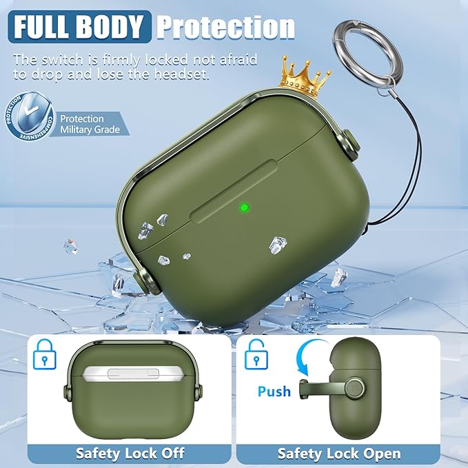 for Airpods Pro 3 Case,Safety Lock Cases for Apple Airpod Pro 3 (2025) with Cleaner Kit, Drop Protection Air pods Pro3 Case Cover for Men for Women with Keychain,Army Green