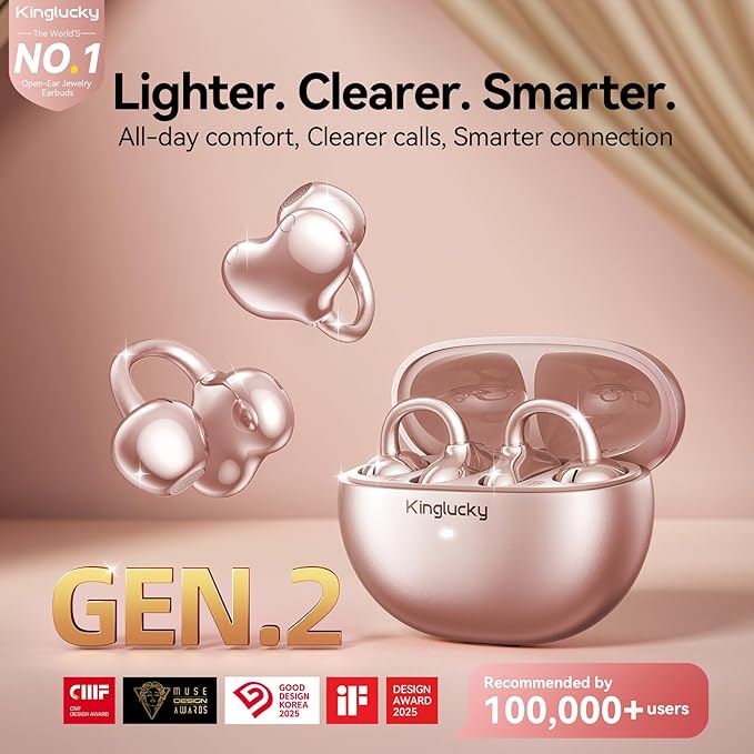Kinglucky Upgraded Clip-On Earbuds Comfortable fit & Crystal-Clear Sound, 50H Playtime Open Ear Buds Bluetooth 6.0 Wireless Headphones for Women & Kids Ideal for Small Ears,Sports,Glasses Rose Gold