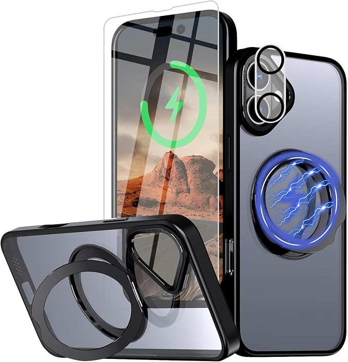 for iPhone 16 Case [Compatible with Magsafe] [15 FT Military Grade Drop Protection] with Screen Protector & Lens Protector,Shockproof Kickstand Phone Case for iPhone 16 (Black)