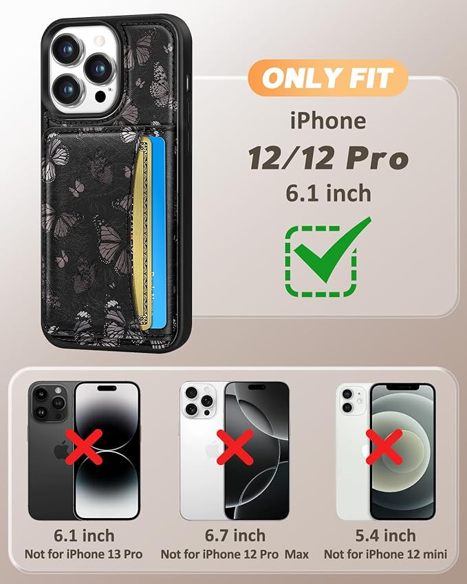 for iPhone 12/12 Pro Case with Wallet - Fits 4 Card Slots, Compatible with MagSafe for Women Aesthetic PU Leather Credit Card Holder Kickstand Phone Cover for Apple 12/12 Pro, Black Butterfly