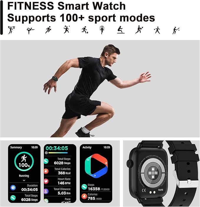 Smart Fitness Tracker Watch with Heart Rate Monitor, Activity Tracker with Pedometer, Sleep Monitor, Calories & Step Counter, Waterproof Smart Watch for Women Men Fitness Watch for Sports (Black)