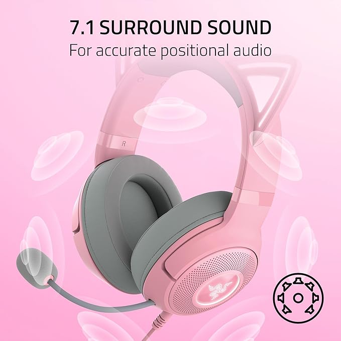 Razer Kraken Kitty V2 USB Wired Headset: Chroma RGB Kitty Ears - Stream Reactive Lighting - HyperClear Cardioid Mic - 40 mm Drivers - 7.1 Surround Sound - Comfortable Ear Cushions - Quartz Pink