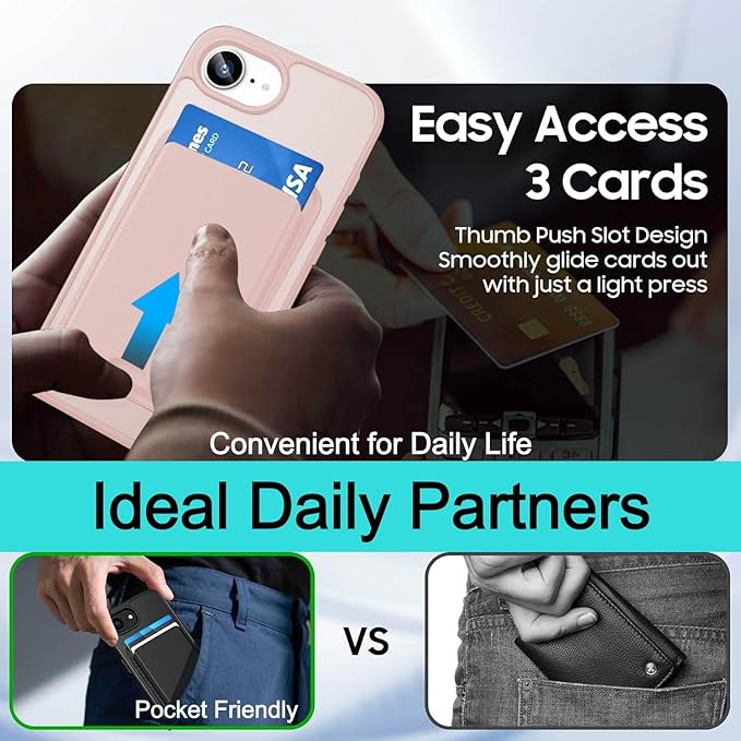 Magnetic for iPhone 17e Case & iPhone 16e Case with Detachable Wallet, Compatible with MagSafe, Military Protective Slim Phone Cover with Card Holder, Pink