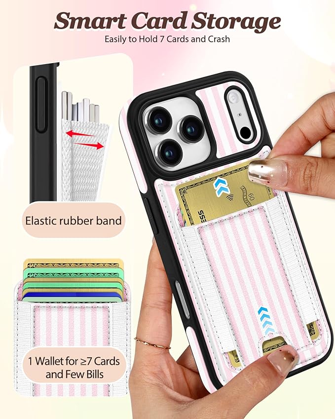 Shorogyt for iPhone 17 Pro Case Wallet - Fits 5 Cards, Compatible with Magsafe Detachable Magnetic Credit Card Holder Leather Cardholder Cute Phone Cover Women Girls for Apple 17Pro, Striped