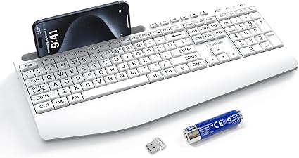 KYSONA Large Print Wireless Keyboard, Full Size Cordless Computer Keyboard with Phone Holder, Palm Rest, Ergonomic Tilt Angle, 2.4G Plug-and-Play, Compatible with Tablet/Windows/Laptop/PC, White