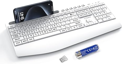KYSONA Large Print Wireless Keyboard, Full Size Cordless Computer Keyboard with Phone Holder, Palm Rest, Ergonomic Tilt Angle, 2.4G Plug-and-Play, Compatible with Tablet/Windows/Laptop/PC, White