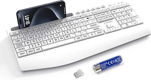 KYSONA Large Print Wireless Keyboard, Full Size Cordless Computer Keyboard with Phone Holder, Palm Rest, Ergonomic Tilt Angle, 2.4G Plug-and-Play, Compatible with Tablet/Windows/Laptop/PC, White