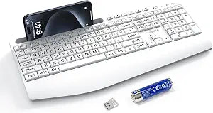 KYSONA Large Print Wireless Keyboard, Full Size Cordless Computer Keyboard with Phone Holder, Palm Rest, Ergonomic Tilt Angle, 2.4G Plug-and-Play, Compatible with Tablet/Windows/Laptop/PC, White