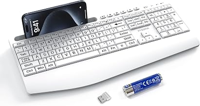 KYSONA Large Print Wireless Keyboard, Full Size Cordless Computer Keyboard with Phone Holder, Palm Rest, Ergonomic Tilt Angle, 2.4G Plug-and-Play, Compatible with Tablet/Windows/Laptop/PC, White - Image 1
