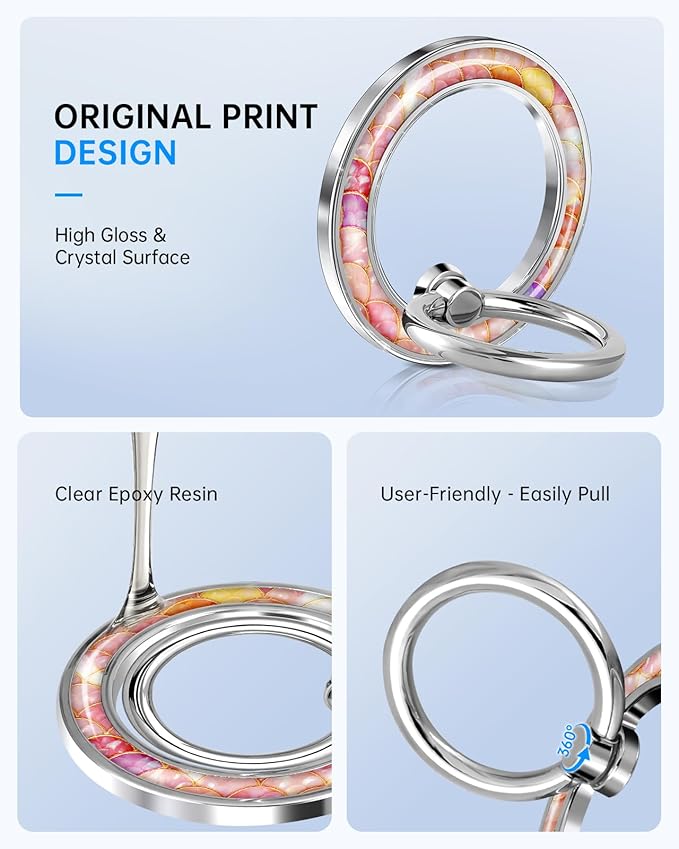 Magnetic Phone Ring Holder Compatible with MagSafe - Cell Phone Grip Magnet Removable Finger Ring Grip Stand Cute Girly Kawaii Design for iPhone 17 Pro Max 16 15 14 13 12 Series Fish Conch