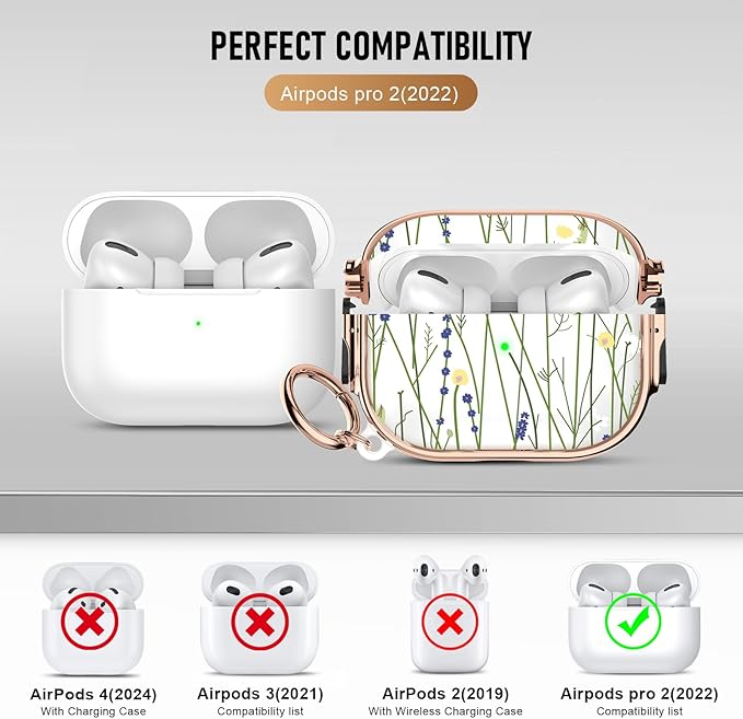 Maxjoy for Cute Airpods Pro 2 case with Safety Lock,Compatible Airpods Pro Case 2nd/1st Gen,Compatible Green Flower Stem AirPods Case Cover for Women Girly with Keychain-Transparent