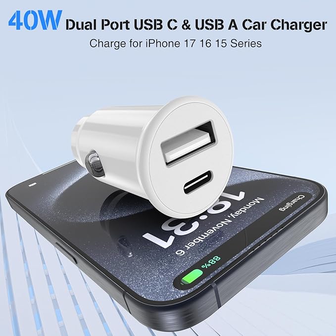 USB C Car Charger for iPhone 17 16 15 Pro Max, 40W Dual Port USB-C & USB-A Car Fast Charging Adapter, 2X3FT C to C Cable & A to C Carplay Cable for iPhone 17 16 15 Series/iPhone Air, iPad, Samsung