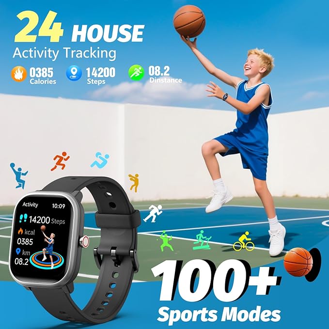 Kids Wach for Girls Boys 6-15 Year Old - Smart Watch for Kids 1.8" Fitness Tracker ,No Phone needed,Pedometer Sleep Monitor Heart Rate Waterproof,Puzzle Game for Girls Boys Teens Birthday Gift (Black)