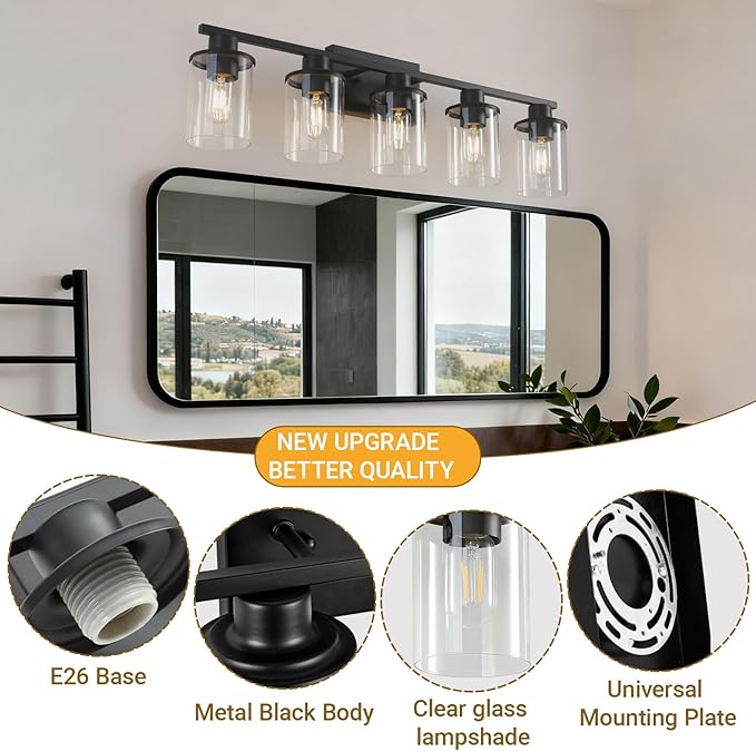 LOUSACE 5-Light Black Bathroom Vanity Light, 31.5" Modern Vanity Lighting Fixture Over Mirror with Clear Glass Shade, E26 Base