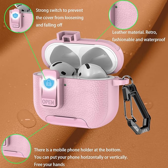 for Leather AirPods Pro 3 Case 2025| Cute Air Pods Pro 3 Case with Lock(Model A2700/A2931) | with Phone Holder & Keychain | Airpods 3 Pro Cases for Man Women(Pink)