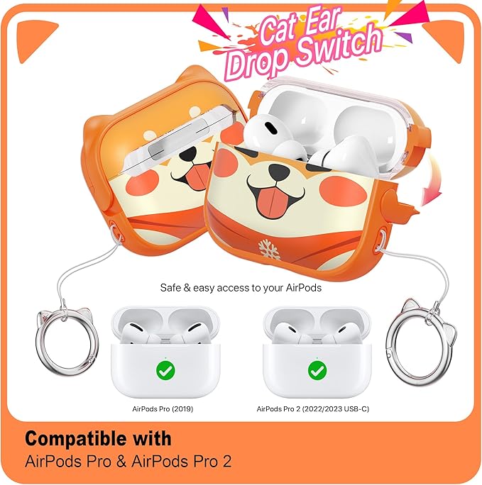 RFUNGUANGO AirPods Pro Case for Women Girly Cat Case with Lock, Phone Stand, Keychain & Cleaner Kit, Compatible with Apple Airpods Pro 2nd/1st Generation Case Cover, Orange Cute Dog