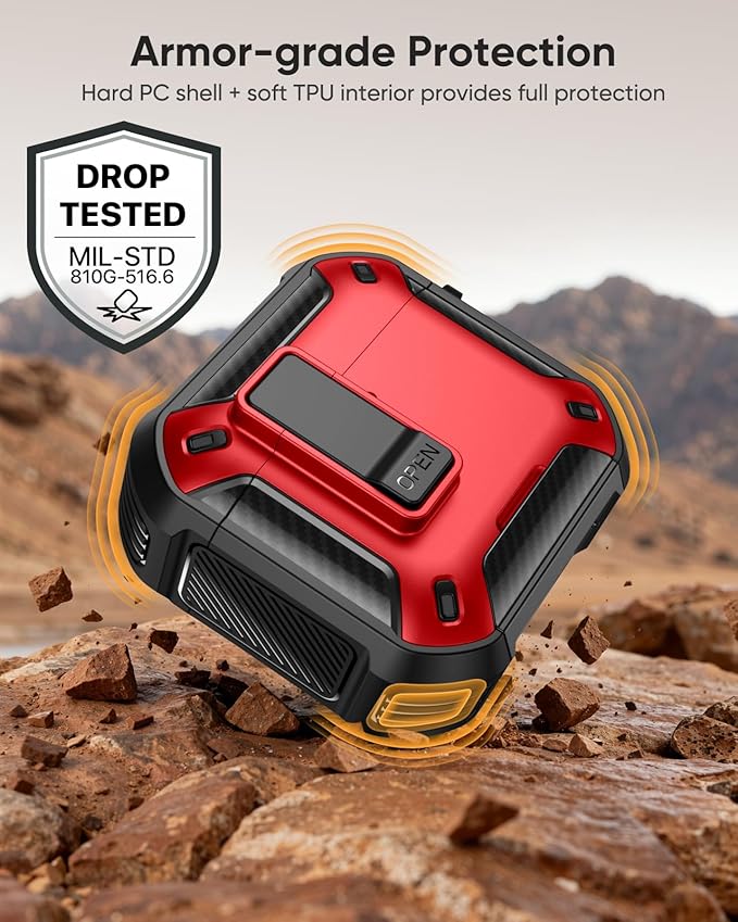 MoKo for AirPods 4 Case with Lock 2024 - Compatible with MagSafe, Phone Stand & Auto Pop-up for AirPods 4th Generation Case, Military-Grade Protective Cover with Cleaner Kit, Red+Black