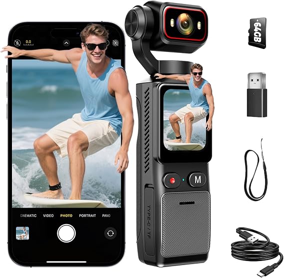 4K Pocket Vlogging Camera Wifi, Portable Handheld POV Cam with64G