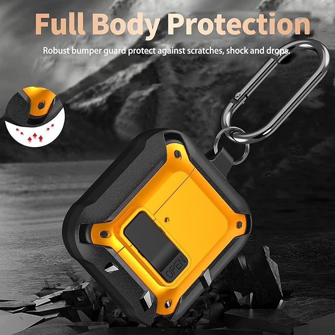 for Airpods 4 Case with Lock Clip, Rugged Apple Airpods 4th Generation Cover 2024 Men Women, Armor Shockproof iPod 4 Gen Protective Hard Shell with Carabiner&Cleaner kit,Black/Yellow