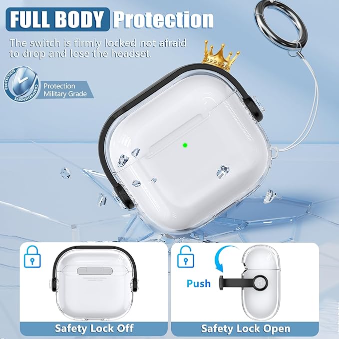 Safety Lock for Airpods 4 Case,TPU Clear Case for Apple Airpods 4 Case 2024 USB-C with Cleaner Kit, Drop Protection Airpods 4 Case Cover for Men for Women with Lock and Keychain, Clear+Black