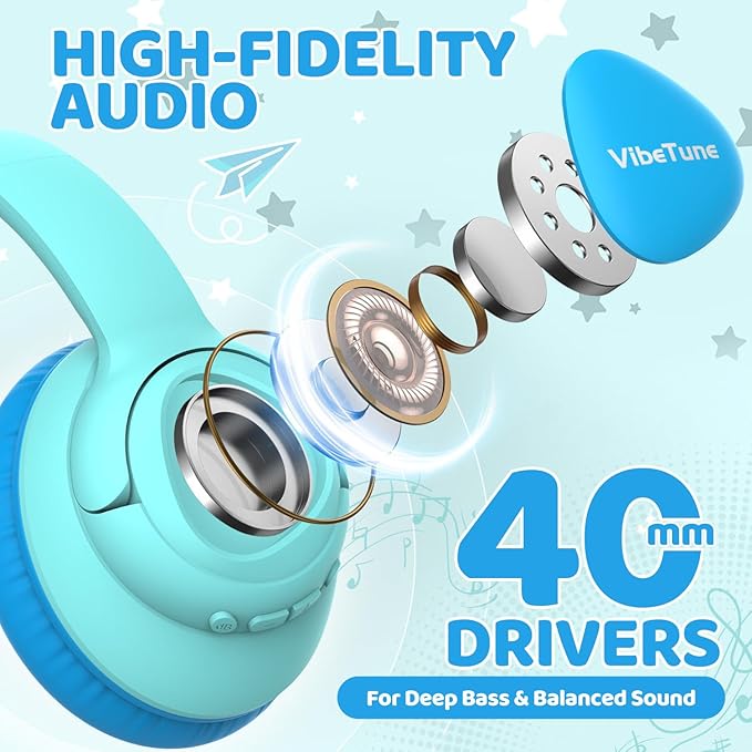 VibeTune Kids Bluetooth Headphones, 60H Playtime, Volume Limited 85/94dB, Bluetooth 5.4, Type-C Fast Charging, Foldable Wireless Headphones for Kids, Toddler Headsets with HD Mic-Blue Macaron