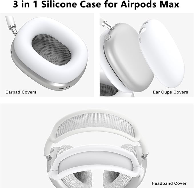 Silicone Case Cover for AirPods Max, Ear Pad Case Cover/Ear Cups Cover/Headband Cover for AirPods Max Headphones, Accessories Soft Silicone Protector for Apple AirPods Max New USB-C (2024) (White)