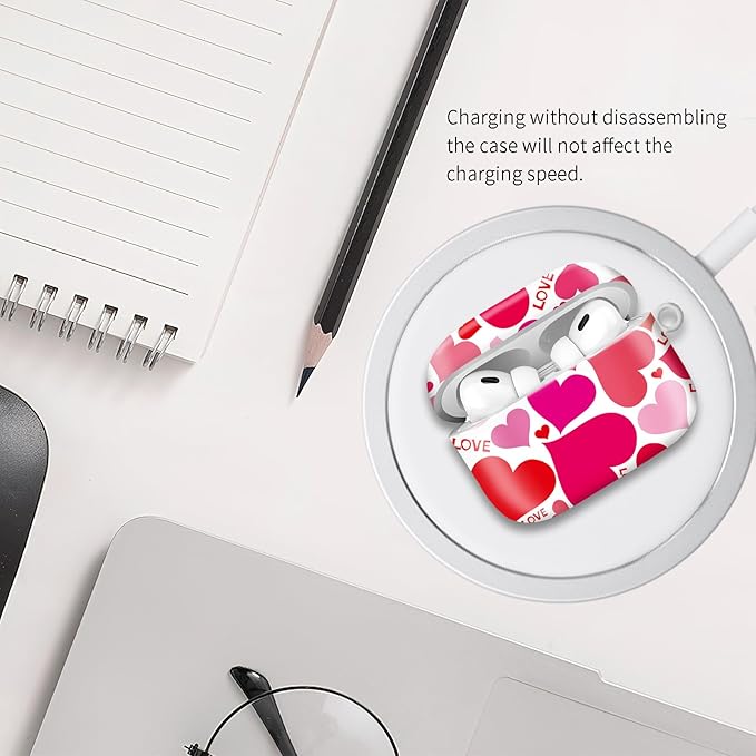 Compatible with Airpod pro 2nd/1st Generation Case Cover with Gold Round Keychain Cute Pattern Hard & Anti Slip Cover for Men Women & Girls（Red Love）