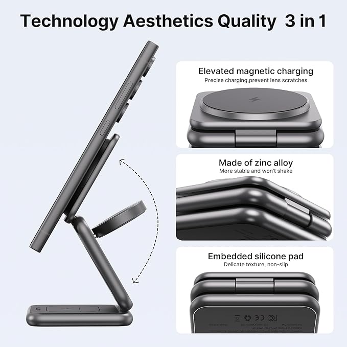 KU XIU Wireless Charger for Samsung,Zinc Alloy Foldable 3 in 1 Wireless Charging Station for Samsung Galaxy S26 S25 Ultra S24 S23 Note Z Fold 7 Flip/Buds,Fast Charger for Galaxy Watch Ultra 8 7 6 5 4
