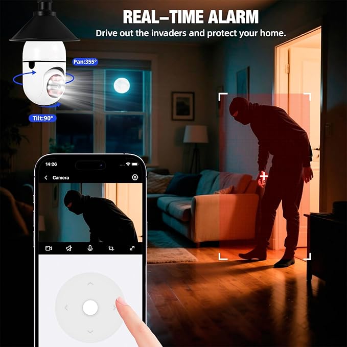 Light Bulb Security Camera, 2.4G WiFi 2K Security Cameras Wireless Outdoor Motion Detection & Alerts, Two-Way Audio, Human Detection, Color Night Vision, Bulb Camera Work with Alexa (with 32G TF card)