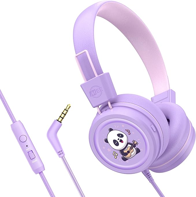 MEE audio KidJamz KJ55 Wired Children’s Headphones with 3.5mm Plug, Colorful Graphics, Volume Limiter & Microphone, Adjustable On-Ear Kids Headset for Online Learning/School/Travel/Tablet (Lavender)