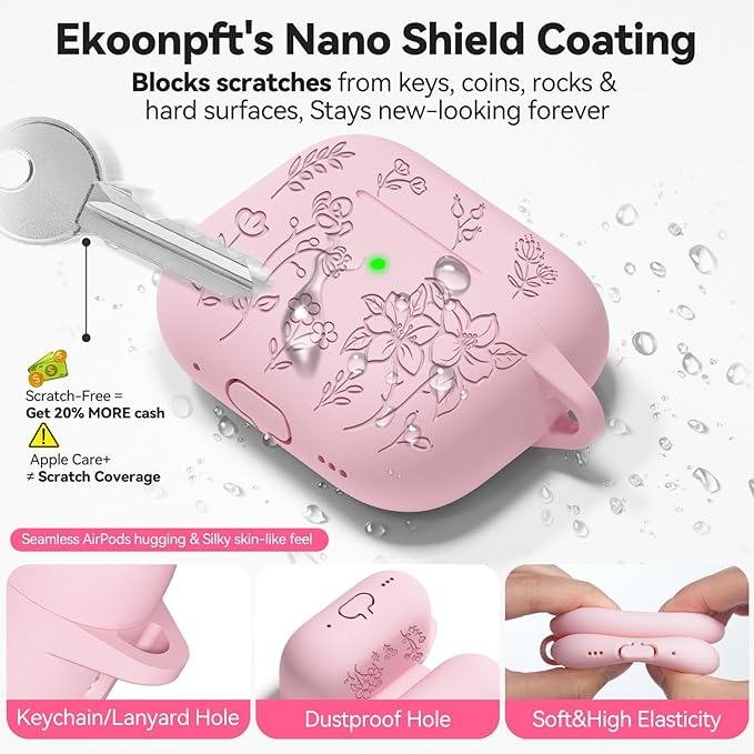 for AirPods 4 Case, Soft Silicone Flower Engraved Airpod 4 Cases with Qute Keychain & Cleaning Kit, Compatible with AirPods 4th Generation 2024 Cover for Women Girly, Anti-Scratch, Shockproof