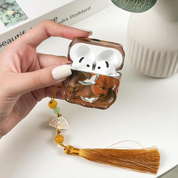 Compatible with AirPods 4 Case Soft with Cleaner Kit Keychain Cute Lucky Elegant Cranes Girls Women Cover for Airpods 4th Generation -Brown