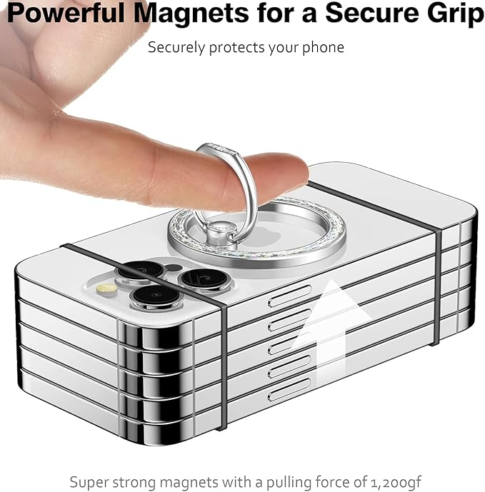 Allengel Magnetic Phone Grip for MagSafe, Magnetic Ring Holder Compatible with MagSafe Phone Ring, 360°Rotating Finger Kickstand for iPhone 16 Pro Max 15 14 13 12 Plus & Android Phone(Bling Silver)