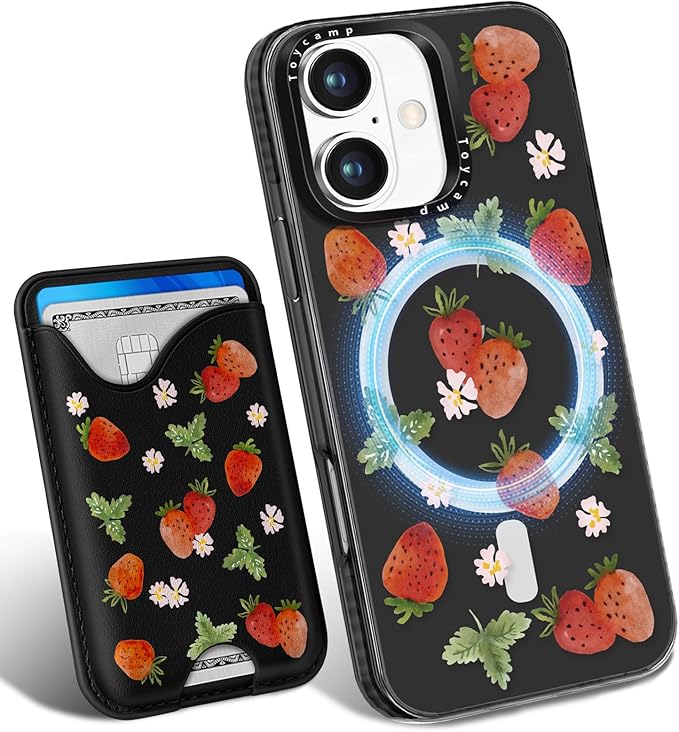 Toycamp for iPhone 16 Case - Compatible with Magsafe with Credit Card Holder Wallet Magnetic Girls Cute Girly Teens Kawaii Unique Strawberry Black Design Pretty Phone Cover for Apple 16 6.1"