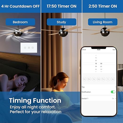 Smart Fan Switch Neutral Wire Required, 2.4GHz WiFi Dimmer Light Switch with Remote Voice Control, Tempered Glass Panel, Compatible with Alexa and Google Home, White WiFi Fan