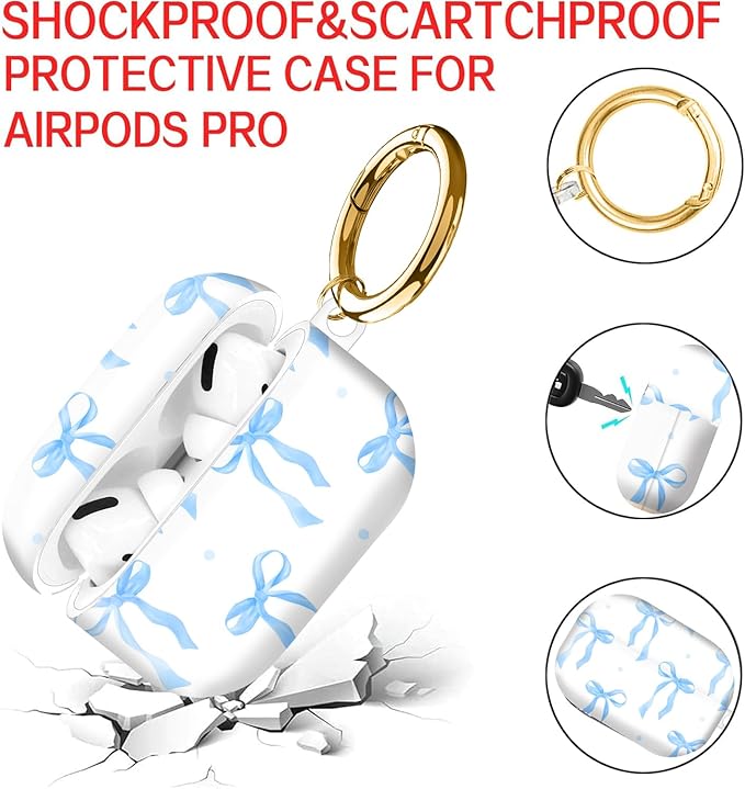 Compatible with AirPod Pro Case 2nd/1st Gen (2023/2022/2019),Shockproof Protective Cover with Keychain for Women,Cute Charging Case for Airpod Pro 2/1(Blue Bows)