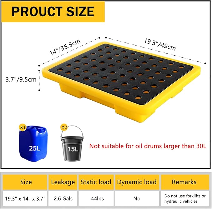 2.6 Gallons Oil Drum Spill Containment Tray, Modular Storage Polyethylen Palette with Drain 19.3"X14"X3.7", Detachable Leakproof Platform for Fill Station Garage