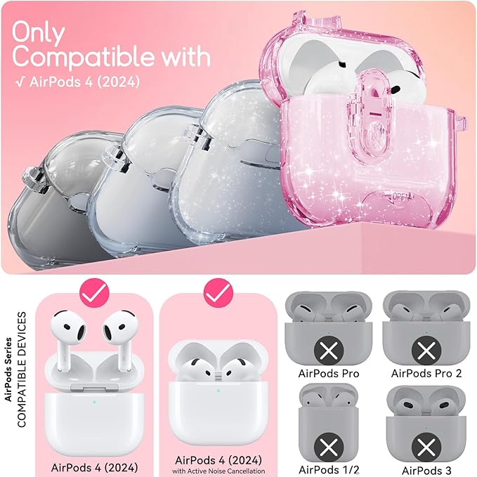 Clear Case for AirPods 4 Case Cover with Safety Lock,Soft TPU Cover with Phone Stand & Cleaning Kit,Cute Bling Keychain for Women Girls-Glitter Pink