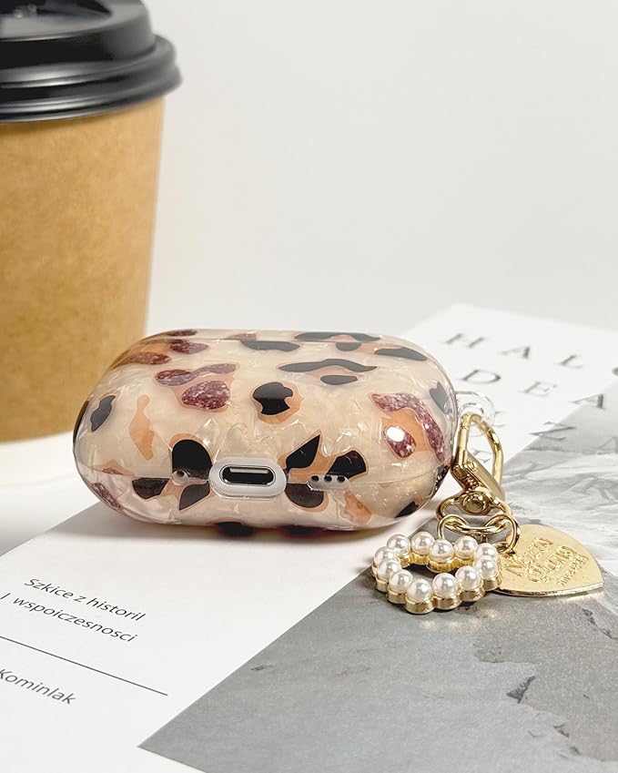 Compatible with AirPods Pro 2 Case Cute, Shell Cheetah Print Pattern Shockproof Protective Cover for Girls Women with Heart Keychain Designed for AirPod Pro 1st / 2nd Generation, Leopard