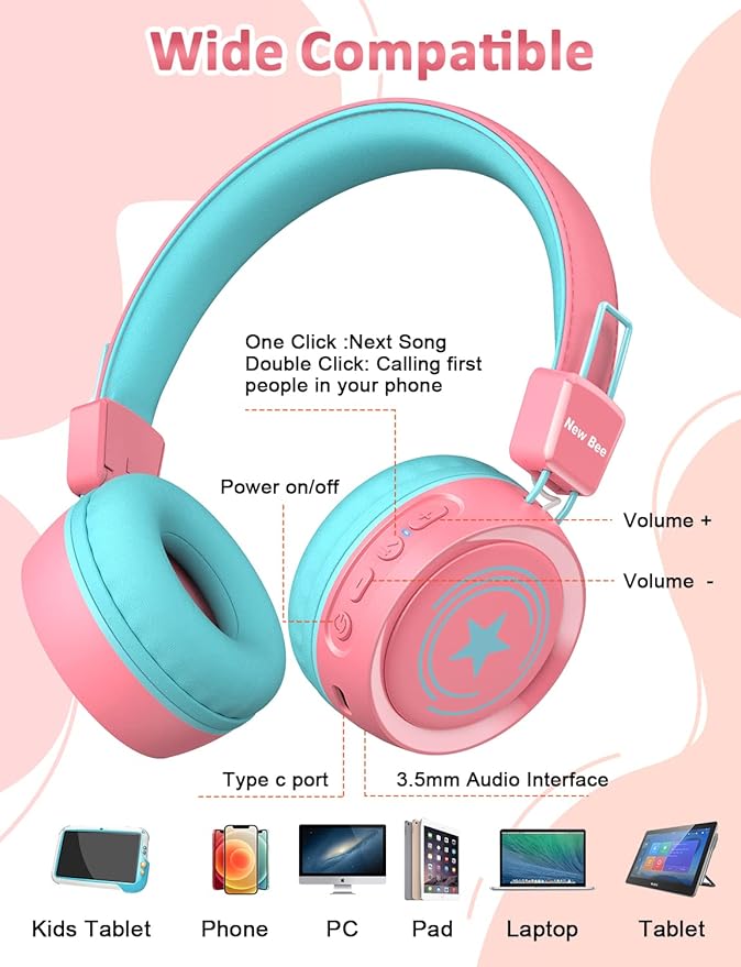 New Bee Kids Headphones Wired for School with Microphone KH20 HD Stereo Safe Volume Limited 85dB/94dB Foldable Lightweight for Girl/Mac/Android/Kindle/Tablet/Pad (Pink)