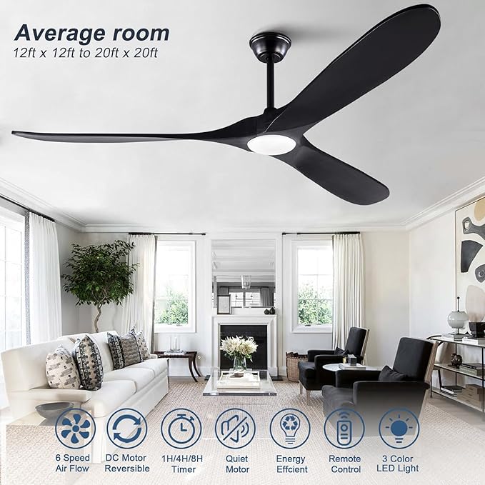 Black 72 Inch Outdoor Ceiling Fan with Remote, Large Ceiling Fans with Lights, Modern Quiet Reversible DC Motor 6 Speeds Timing Farmhouse Ceiling Fan for Paitios Waterproof Gazebo Office Bedroom