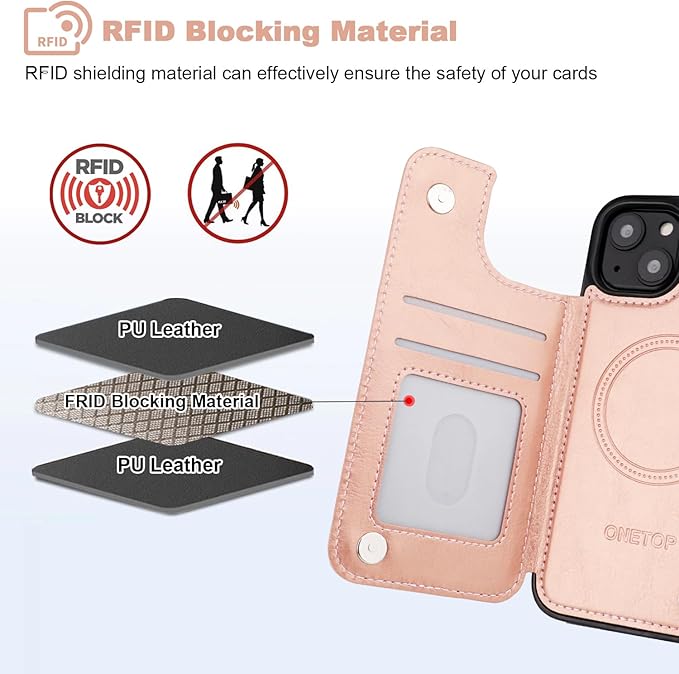 ONETOP Compatible with Magsafe for iPhone 13 Wallet Case with Card Holder, PU Leather Kickstand RFID Blocking Case, Double Magnetic Clasp and Durable Shockproof Cover 6.1 Inch (Rose Gold)