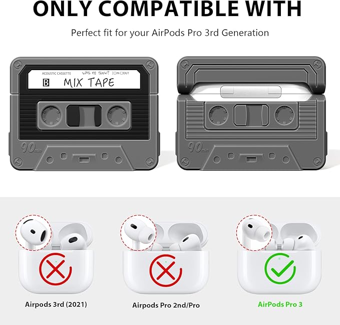 AirPods Pro 3 Case Cover, KOREDA Funny Cassette Tape Design Case for Airpods Pro 3rd Generation 2025, Cute Cartoon Fashion Silicone Protective Case for Women Men (Black)