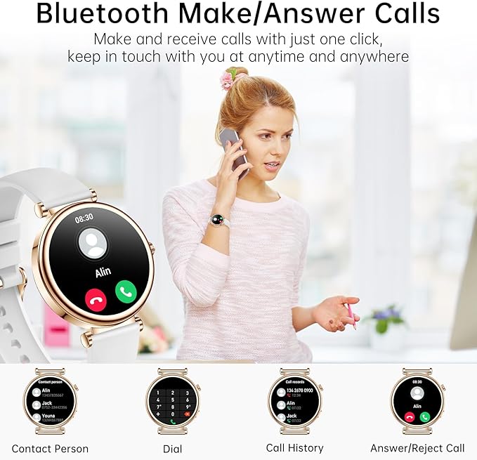 Smart Watch for Women（Answer/Make Call) 1.27" Round Smartwatch Compatible Android/iPhone Phone with AI Voice/ Fitness Tracker/Heart Rate/Sleep Monitor, 220+ DIY Dial & IP68 Waterproof, White/3 Bands