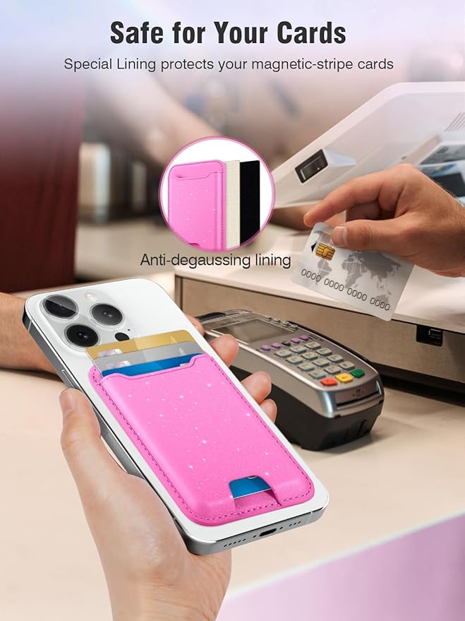TopMade for Magsafe Wallet, Sparkle Magnetic Card Holder for iPhone 17, iPhone 16/15/14/13/12 Series, Leather Magnetic Phone Wallet with Powerful Magnet, RFID Blocking, Fit 4 Cards, Glitter Pink
