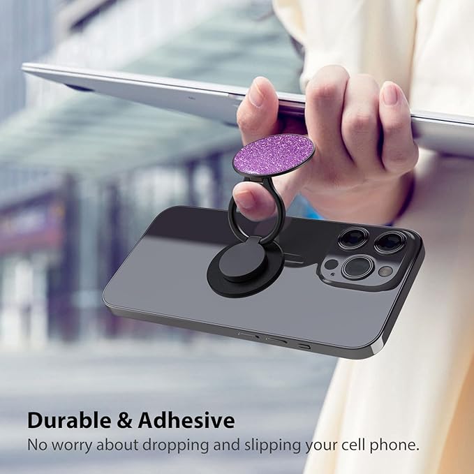 Phone Grip, Phone Ring Holder Finger Kickstand, 360°Rotation & Adjustable Metal Cell Phone Rings Gripper Stand Work with Magnetic Car Mount for iPhone Samsung & Other Phones - Sparkle Purple