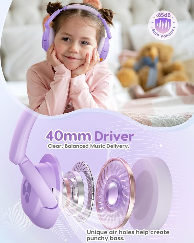 Kids Bluetooth Headphones, 85dB Volume Limiter, Foldable Wireless Over-Ear Headphones for iPad, Travel, 75H Playtime, Bluetooth 5.4, Built-in Mic, Purple