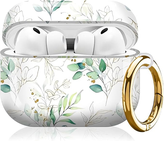 Compatible with AirPod Pro 3 (2025),Cute Case Cover for Women & Men, Full Protection Shockproof Hard Case with Keychain, Wireless Charging Case Accessories(Green Gold Leaves Branches)