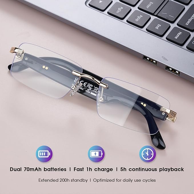 AI Translation Glasses, Bluetooth Eyeglasses with Real-Time Translator for 164 Languages, Photochromic Spring Hinge Bluetooth Glasses with Speakers, Rimless Smart Glasses for Travel/Work/Study(Gold)