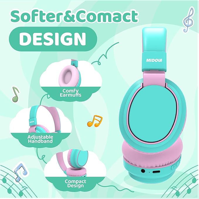 MIDOLA Kids Headphones Wireless Bluetooth 5.4 68H Play Time Volume Limit 85/94dB Over-Ear Foldable Headset,Type-C Fast Charging,with Wired Aux Mic for Toddler Boy Girl Pad Tablet Cyan